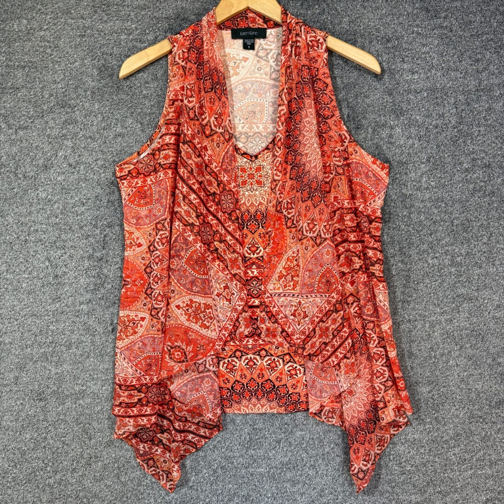 Karen Kane Red Orange Paisley Medallion Draped Handkerchief Hem Top Small